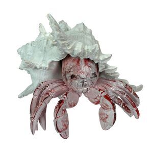 Resin Hermit Crab Statue Red Whitewashed Shell Coastal Figurine 5.25 In